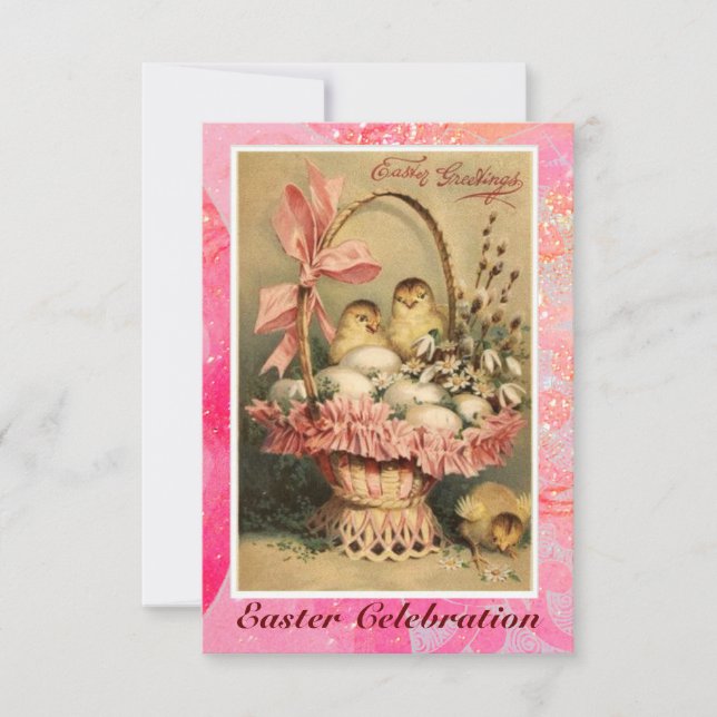 INVITACIÓN ELEGANTE BAHILLA, POLLOS, FLORES Y HUEVOS ORIENTAL (Anverso)