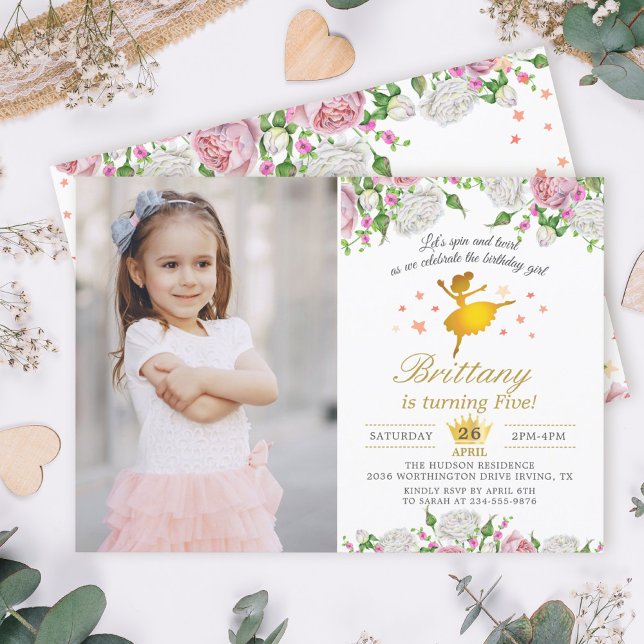 Invitación Elegante bailarina de oro Chica floral foto cumple (Subido por el creador)