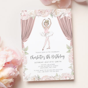 Invitación Elegante bailarina floral rosa rubia Chica cumplea