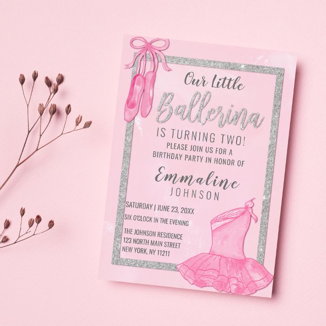 Invitación Elegante bailarina rosa plateada acuarela Cumpleañ (Elegant pink silver ballerina watercolor Birthday)