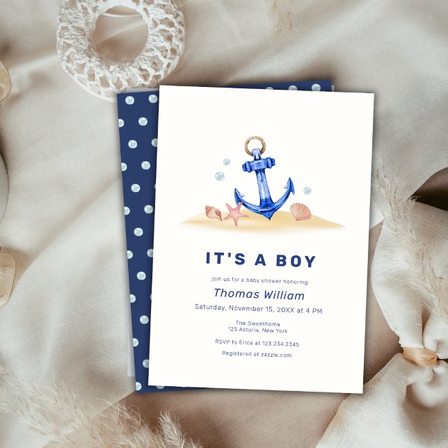 Invitación Elegante Bajo El Ancla Náutico Del Mar Baby Shower (Elegant Under The Sea Nautical Anchor Baby Shower Invitation)