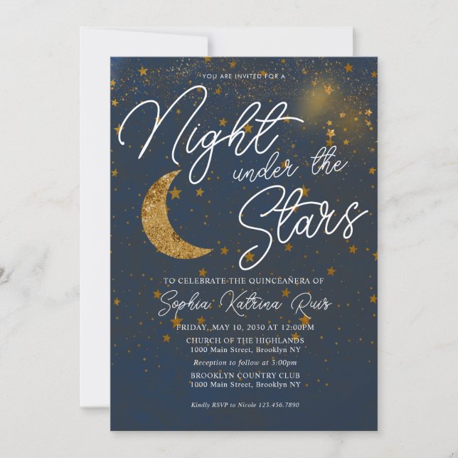 Invitación Elegante bajo las estrellas Luna de Oro Azul Quinc (Anverso)