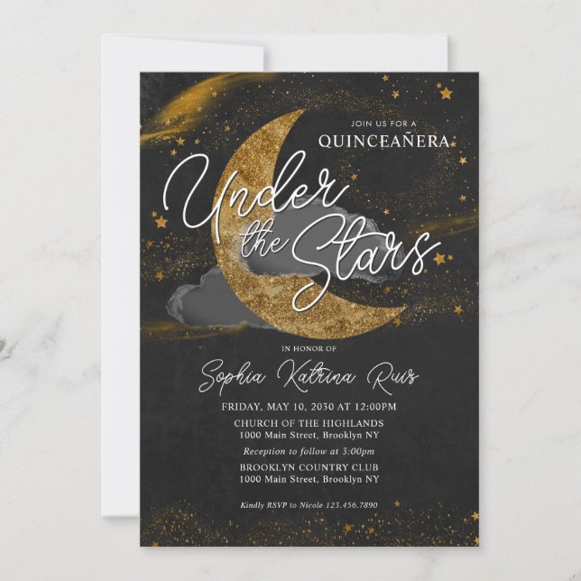 Invitación Elegante bajo las estrellas Luna de Oro Glam Quinc (Anverso)