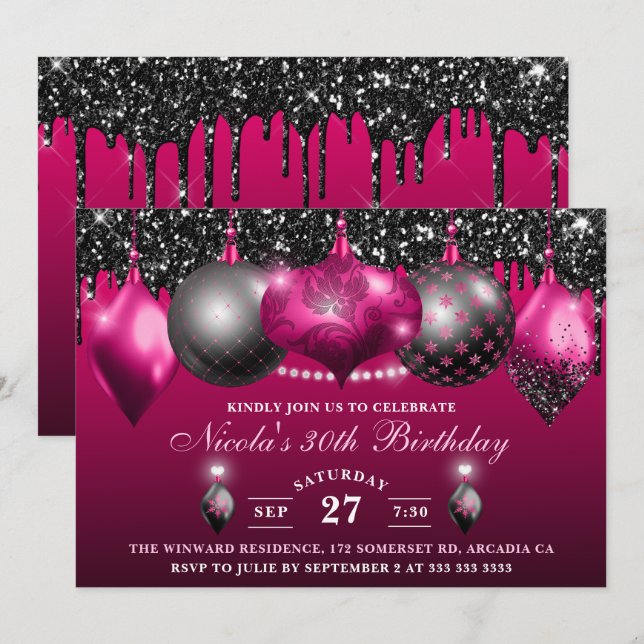 Invitación Elegante Balbuceo Rosa y Purpurina Negro Baubles C (Anverso / Reverso)