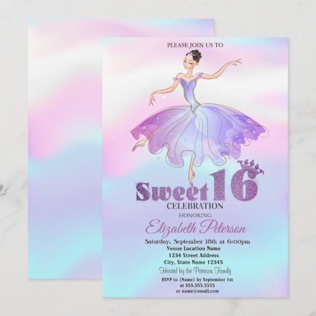 Invitación Elegante Ballerina Colorful Ombre Sweet 16 (Anverso / Reverso)