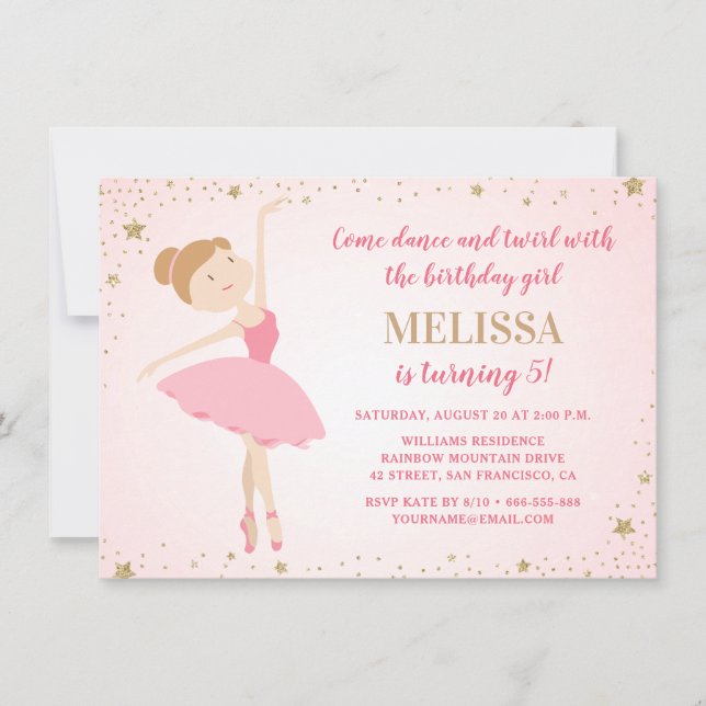 Invitación Elegante Ballerina Estrellas de Oro Rosa | Cumplea (Anverso)