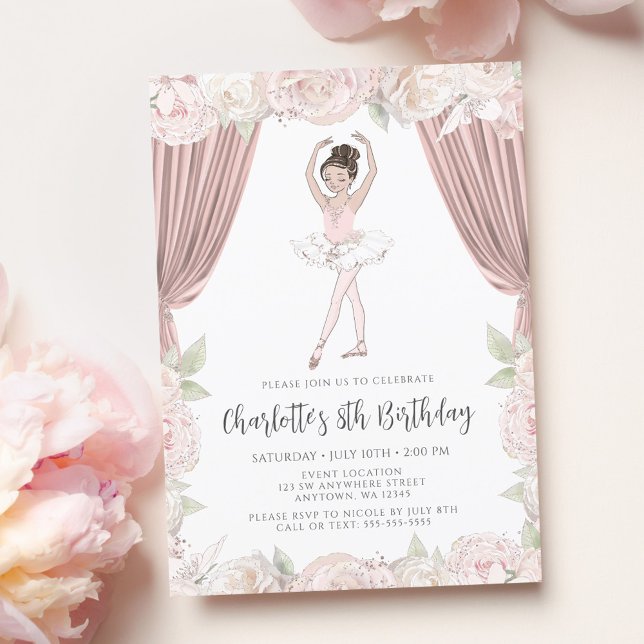 Invitación Elegante Ballerina Floral Rosa Brown Hair Cumpleañ (Subido por el creador)