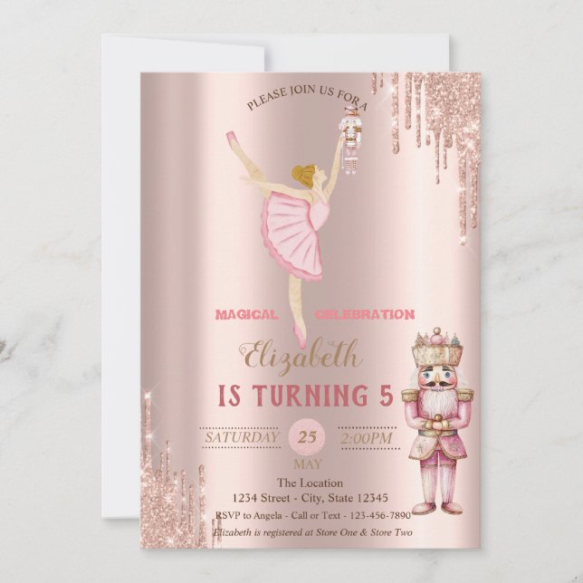 Invitación Elegante Ballerina Nutcracker Rosa Dris de Oro (Anverso)