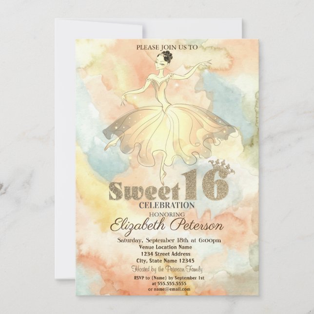 Invitación Elegante Ballerina Watercolor Splash Sweet 16 (Anverso)