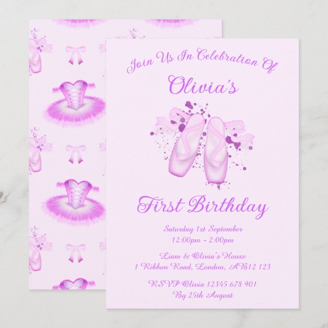 Invitación Elegante ballet rosa cumpleaños zapatillas Pointe (Anverso / Reverso)