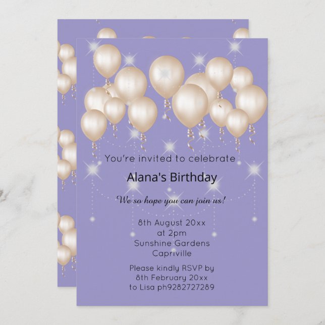 INVITACIÓN ELEGANTE BALLÓN MODERNO LILAC PURPLE CUMPLEAÑOS (Anverso / Reverso)