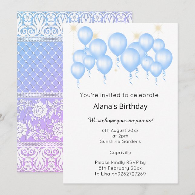 INVITACIÓN ELEGANTE BALLÓN MODERNO PURPLE AZUL CUMPLEAÑOS (Anverso / Reverso)