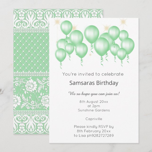 INVITACIÓN ELEGANTE BALLÓN MODERNO SAGE VERDE LACE CUMPLEAÑOS (Anverso / Reverso)