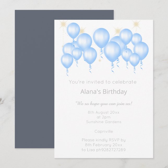 INVITACIÓN ELEGANTE BALLOON MODERNO NAVY BLUE CUMPLEAÑOS (Anverso / Reverso)