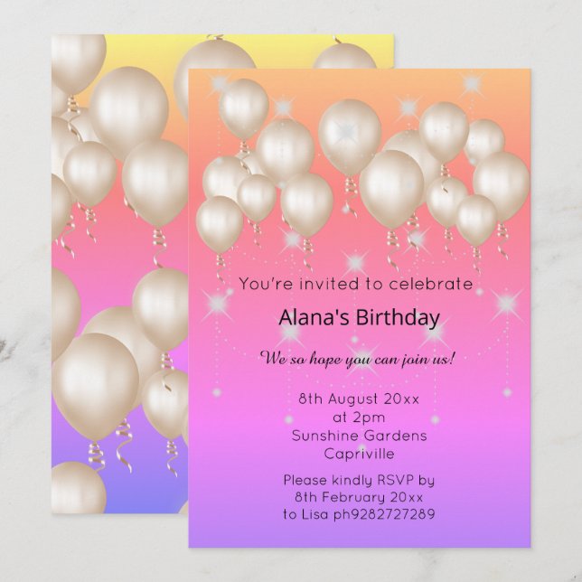 INVITACIÓN ELEGANTE BALLOON MODERNO PASTEL LUMINOSO CUMPLEAÑO (Anverso / Reverso)