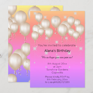 INVITACIÓN ELEGANTE BALLOON MODERNO PASTEL LUMINOSO CUMPLEAÑO
