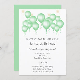 INVITACIÓN ELEGANTE BALLOON MODERNO SAGE BLANCO VERDE CUMPLEA