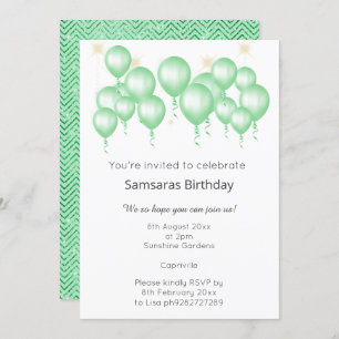 INVITACIÓN ELEGANTE BALLOON MODERNO SAGE VERDE CHEVRON CUMPLE