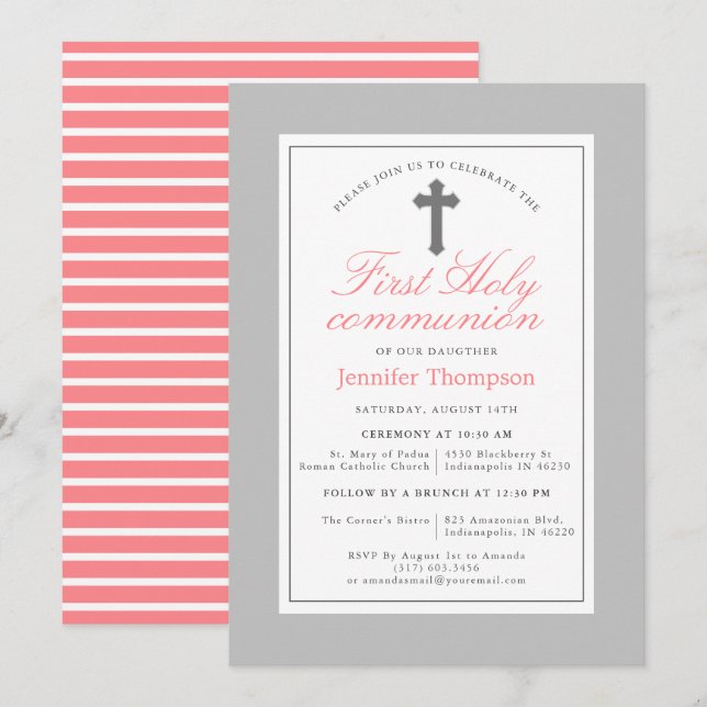 Invitación Elegante banda rosa y gris Primera comunión (Anverso / Reverso)