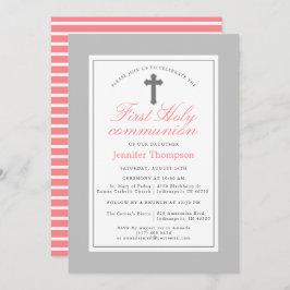 Invitación Elegante banda rosa y gris Primera comunión