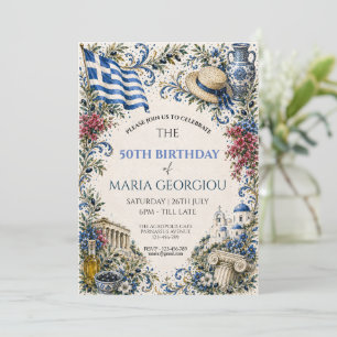 Invitación Elegante bandera griega azul blanco floral Grecia