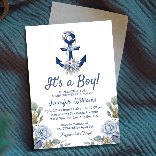 Invitación elegante baño de niño con flores azul floral (Subido por el creador)