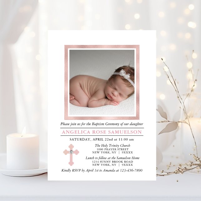 Invitación Elegante BAPTISM NAVEGANTE Chica rosa | FOTO (Elegant BAPTISM CHRISTENING Pink Girl  PHOTO Invitation)