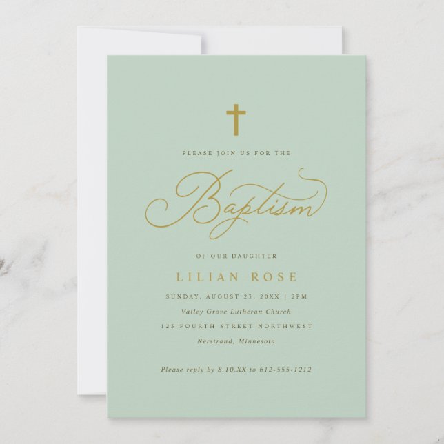 Invitación Elegante Baptism Sage Script Cross (Anverso)