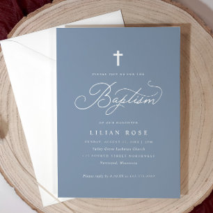 Invitación Elegante Baptism Script Cross Dusty Blue
