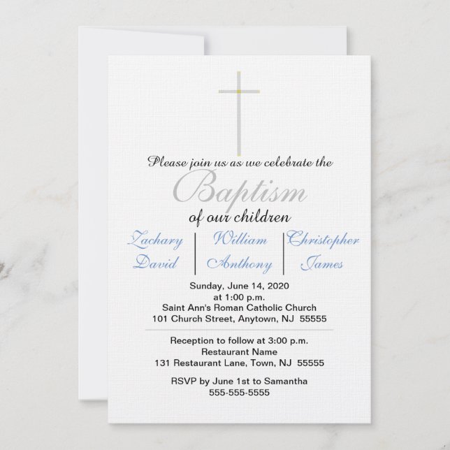 Invitación Elegante Baptism Silver Cross Blue Triplets (Anverso)