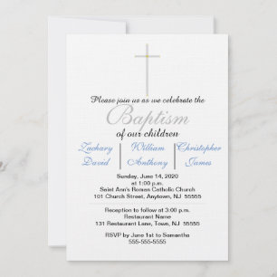 Invitación Elegante Baptism Silver Cross Blue Triplets