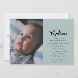 Invitación Elegante Baptismo Bebé Invitado con foto y cruz