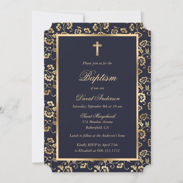 Invitación Elegante Baptismo Blue Gold Floral Boy (Anverso)