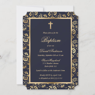 Invitación Elegante Baptismo Blue Gold Floral Boy