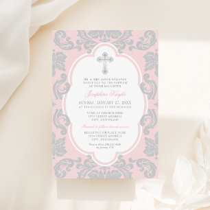 Invitación Elegante Baptismo Chica Bebé de Damasco Rosa Cruz