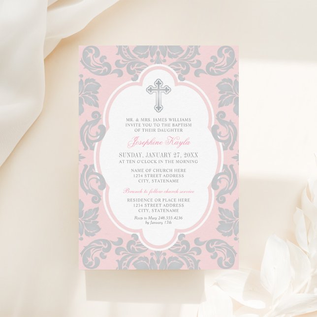 Invitación Elegante Baptismo Chica Bebé de Damasco Rosa Cruz  (Subido por el creador)