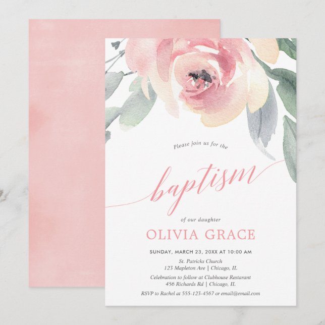 Invitación Elegante baptismo chica de acuarela floral rosa ro (Anverso / Reverso)