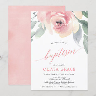 Invitación Elegante baptismo chica de acuarela floral rosa ro