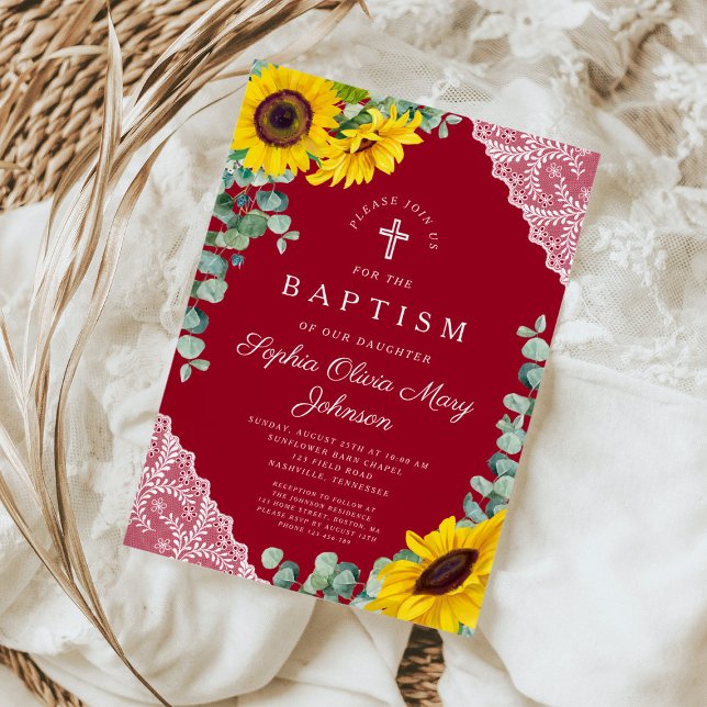 Invitación Elegante Baptismo Chica de girasoles de Borgoña (Elegant Floral Cross Burgundy Girl Baptism Invitation)