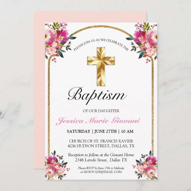 Invitación Elegante Baptismo Chica de la Cruz Dorada Rosa Flo (Anverso / Reverso)