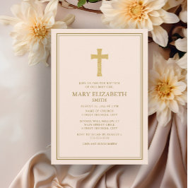Invitación Elegante Baptismo Chica Rosa Cruz de Oro