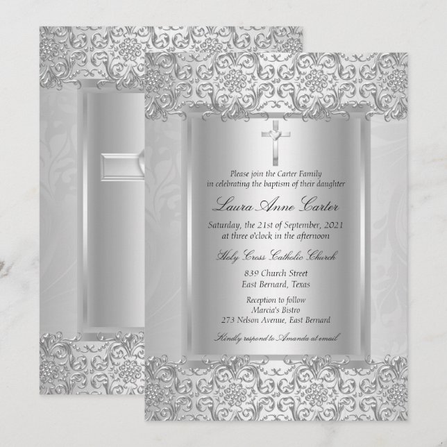Invitación Elegante Baptismo/Christening de la Cruz de Damasc (Anverso / Reverso)