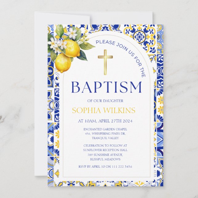 Invitación Elegante Baptismo de azulejos azules de limón medi (Anverso)