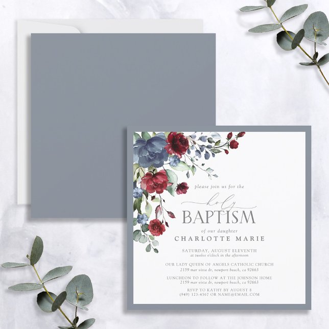 Invitación Elegante Baptismo de Bebé Floral Dusty Azul Borgoñ (Subido por el creador)