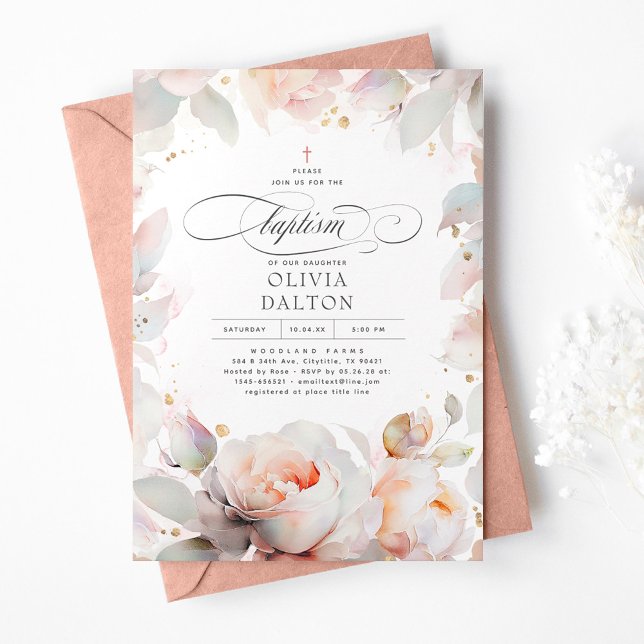Invitación Elegante Baptismo de Chicas del Boho floral rosa y (Subido por el creador)