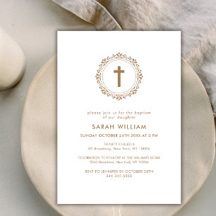 Invitación Elegante Baptismo de cruz clásica de oro