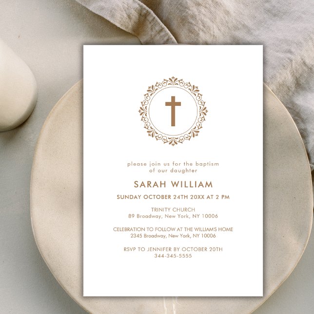 Invitación Elegante Baptismo de cruz clásica de oro (Elegant Gold Classic Cross Wreath Baptism Invitation)