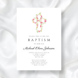 Invitación Elegante Baptismo de Cruz Floral Rosa