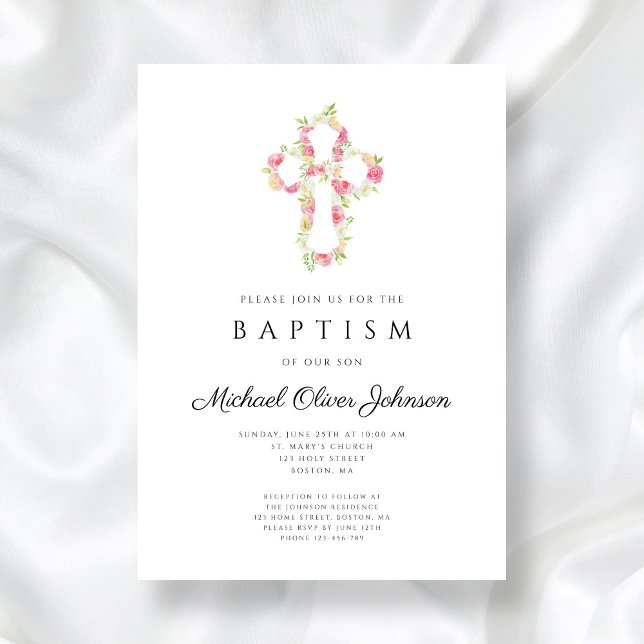 Invitación Elegante Baptismo de Cruz Floral Rosa (Elegant Floral Pink Cross Baptism Invitation)