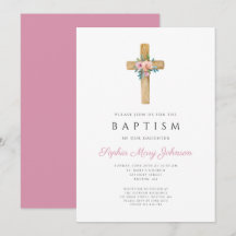 Elegante Baptismo de Cruz Floral Rosa